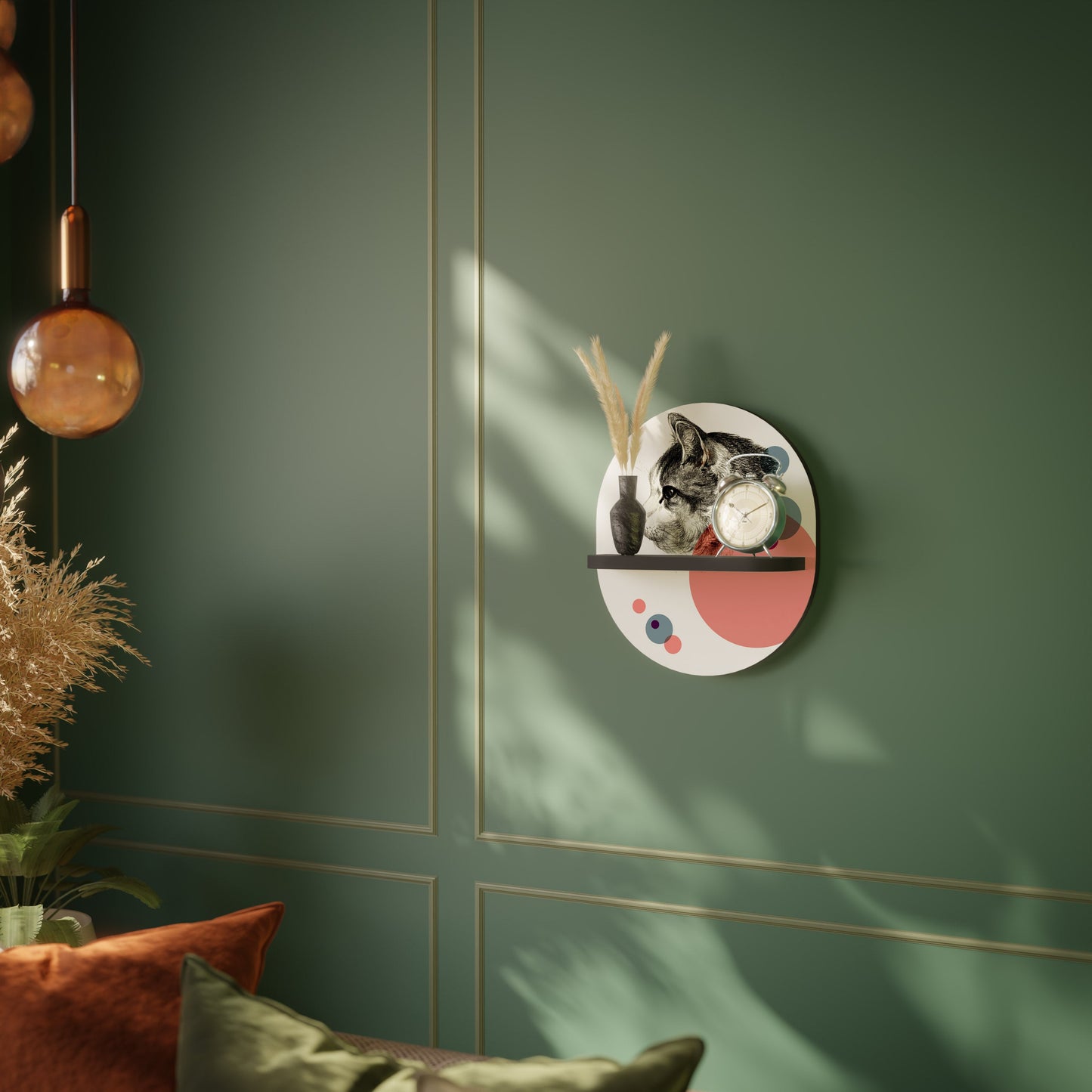 BUBBLE CAT SKETCH Oval Art Shelf In Black Finish