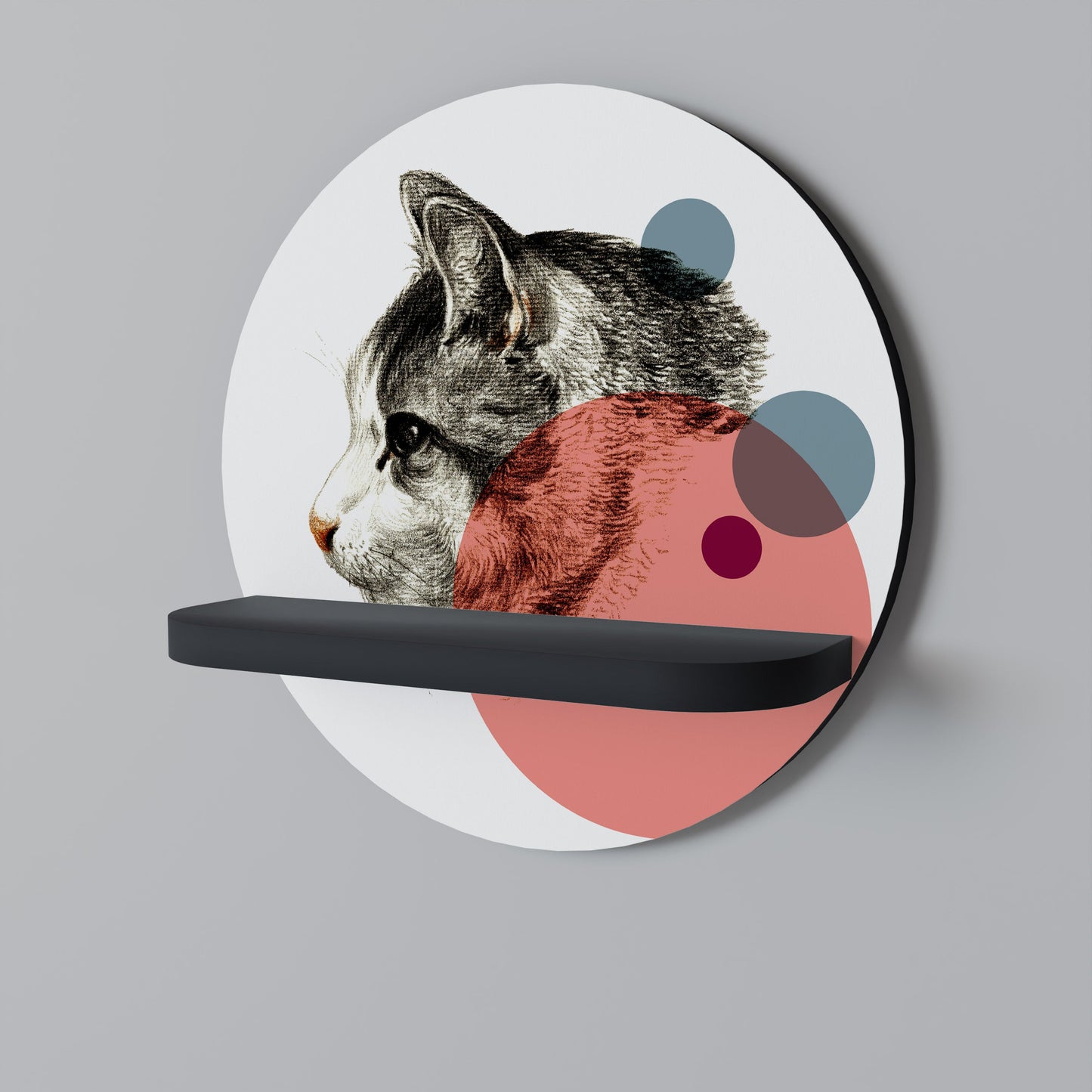 BUBBLE CAT SKETCH Round Art Shelf In Black Finish