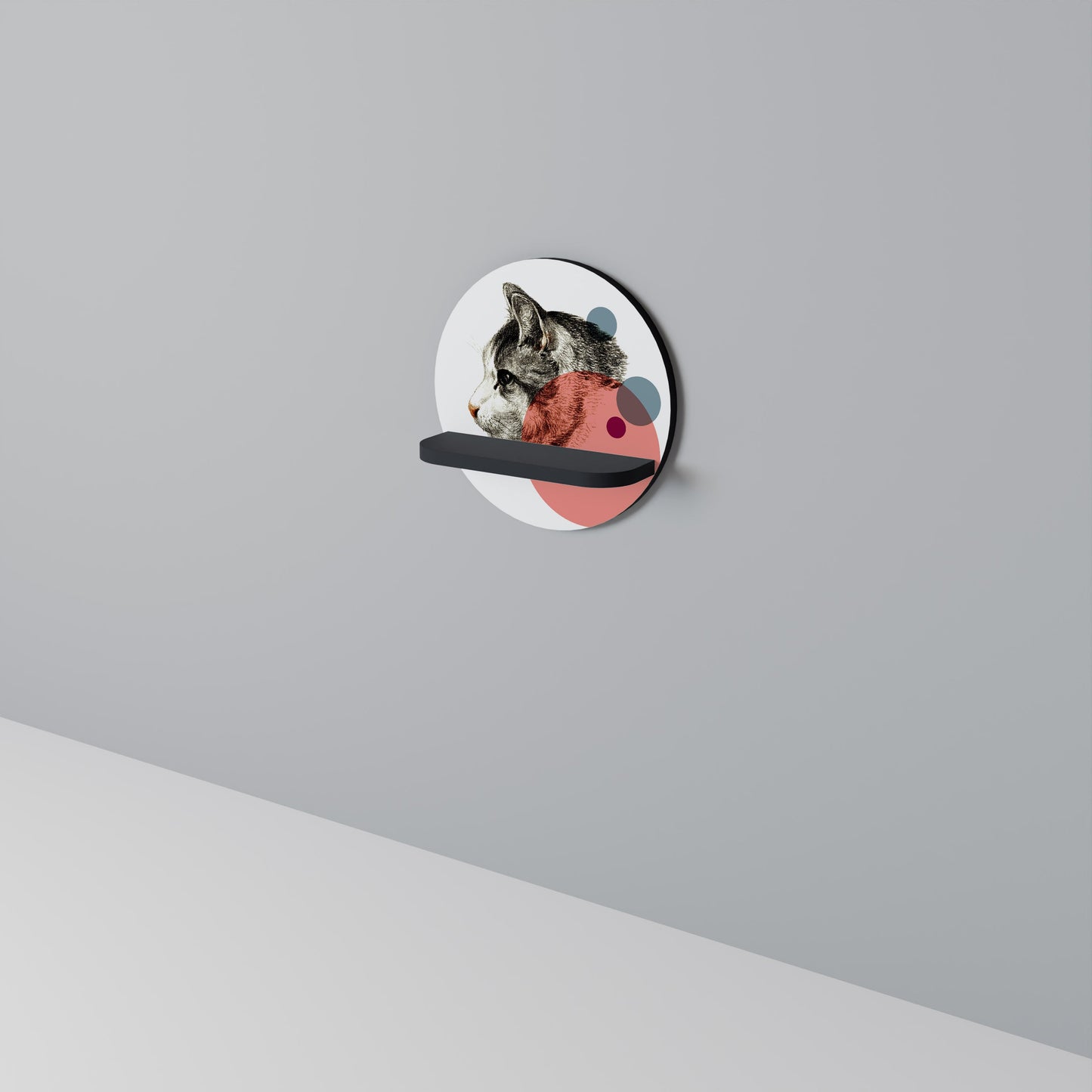 BUBBLE CAT SKETCH Round Art Shelf In Black Finish