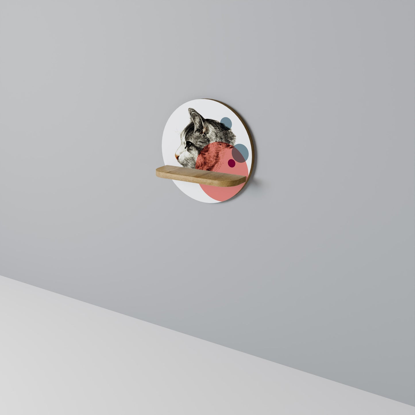 BUBBLE CAT SKETCH Round Art Shelf In Oak Effect