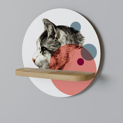 BUBBLE CAT SKETCH Round Art Shelf In Oak Effect