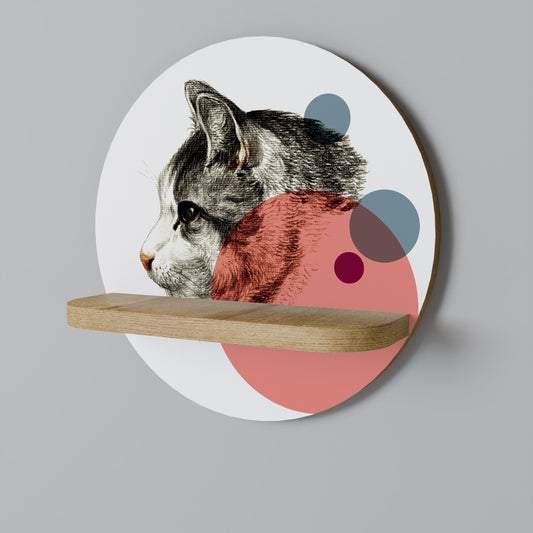 BUBBLE CAT SKETCH Round Art Shelf In Oak Effect