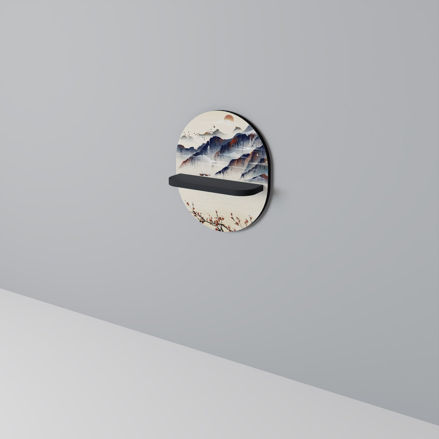 JAPANESE LANDSCAPE Oval Art Shelf In Black Finish