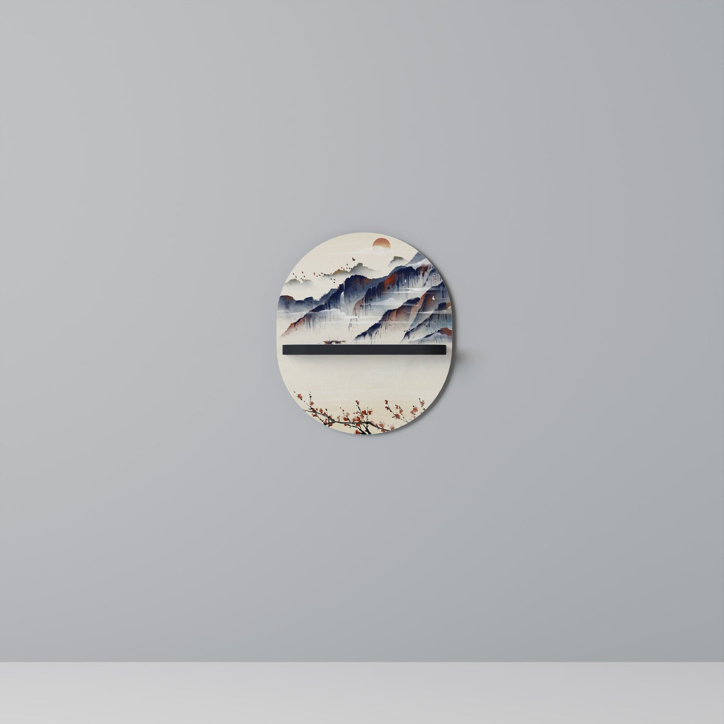 JAPANESE LANDSCAPE Oval Art Shelf In Black Finish