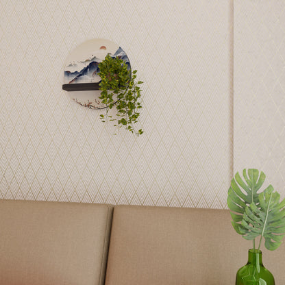 JAPANESE LANDSCAPE Round Art Shelf In Black Finish