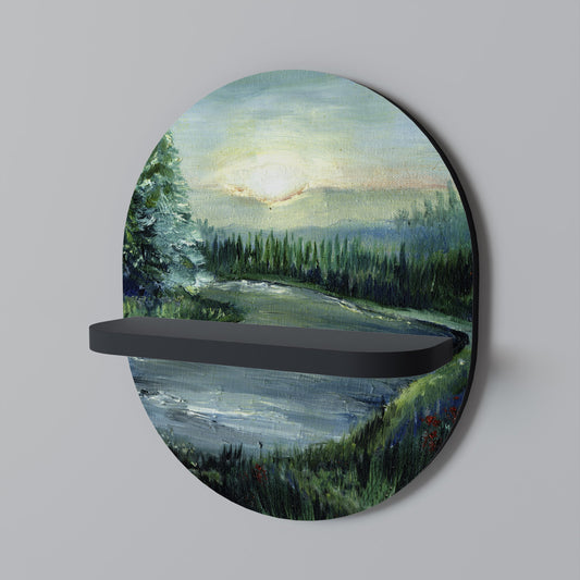 FOREST SUNSET Oval Art Shelf In Black Finish