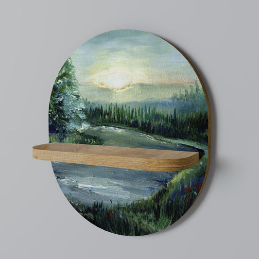 FOREST SUNSET Oval Art Shelf In Oak Effect