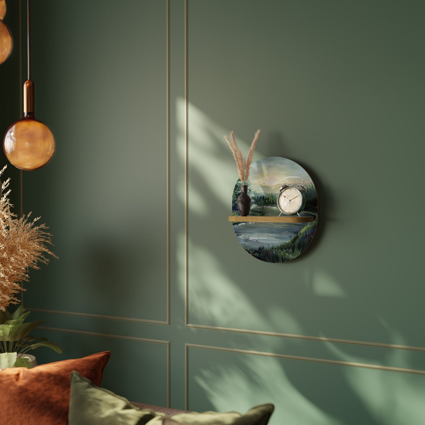 FOREST SUNSET Oval Art Shelf In Oak Effect