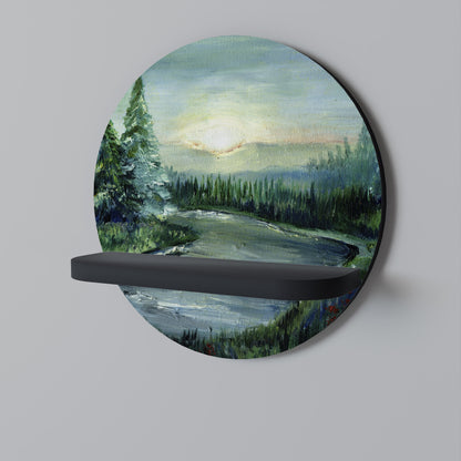 FOREST SUNSET Round Art Shelf In Black Finish