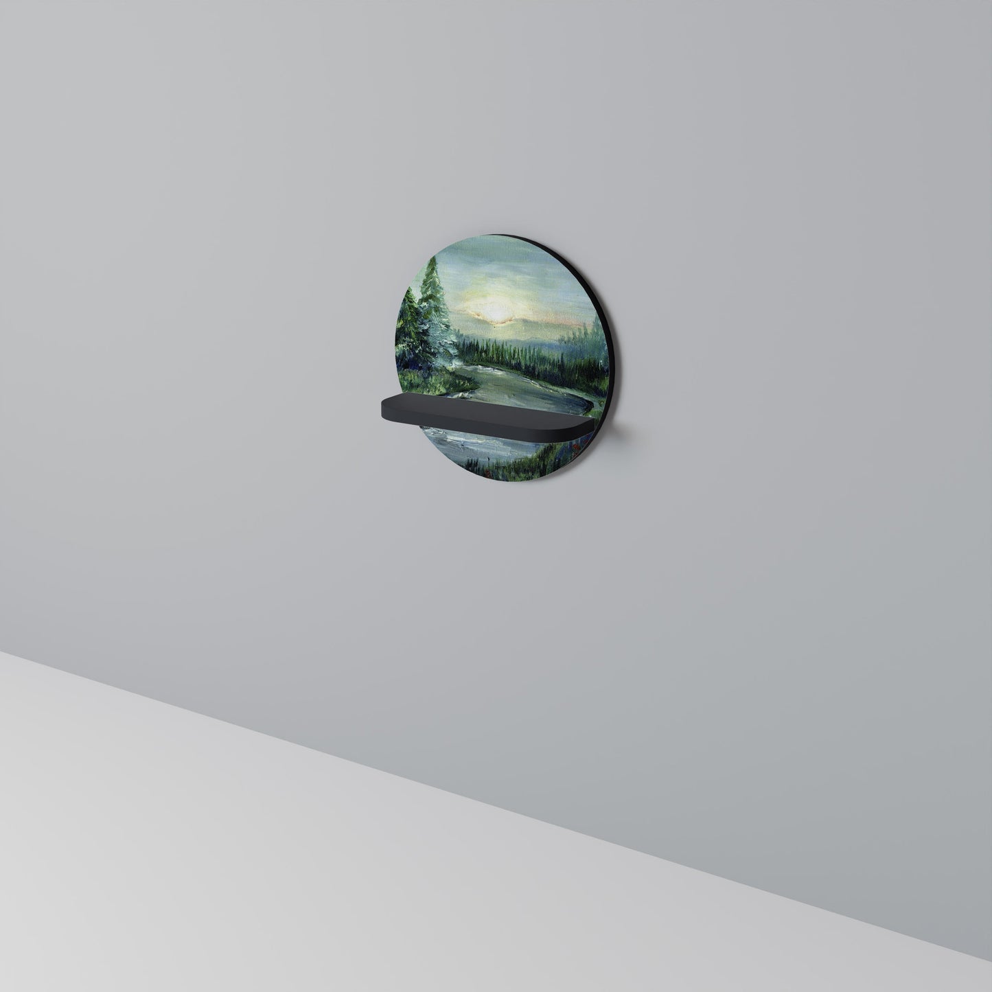 FOREST SUNSET Round Art Shelf In Black Finish