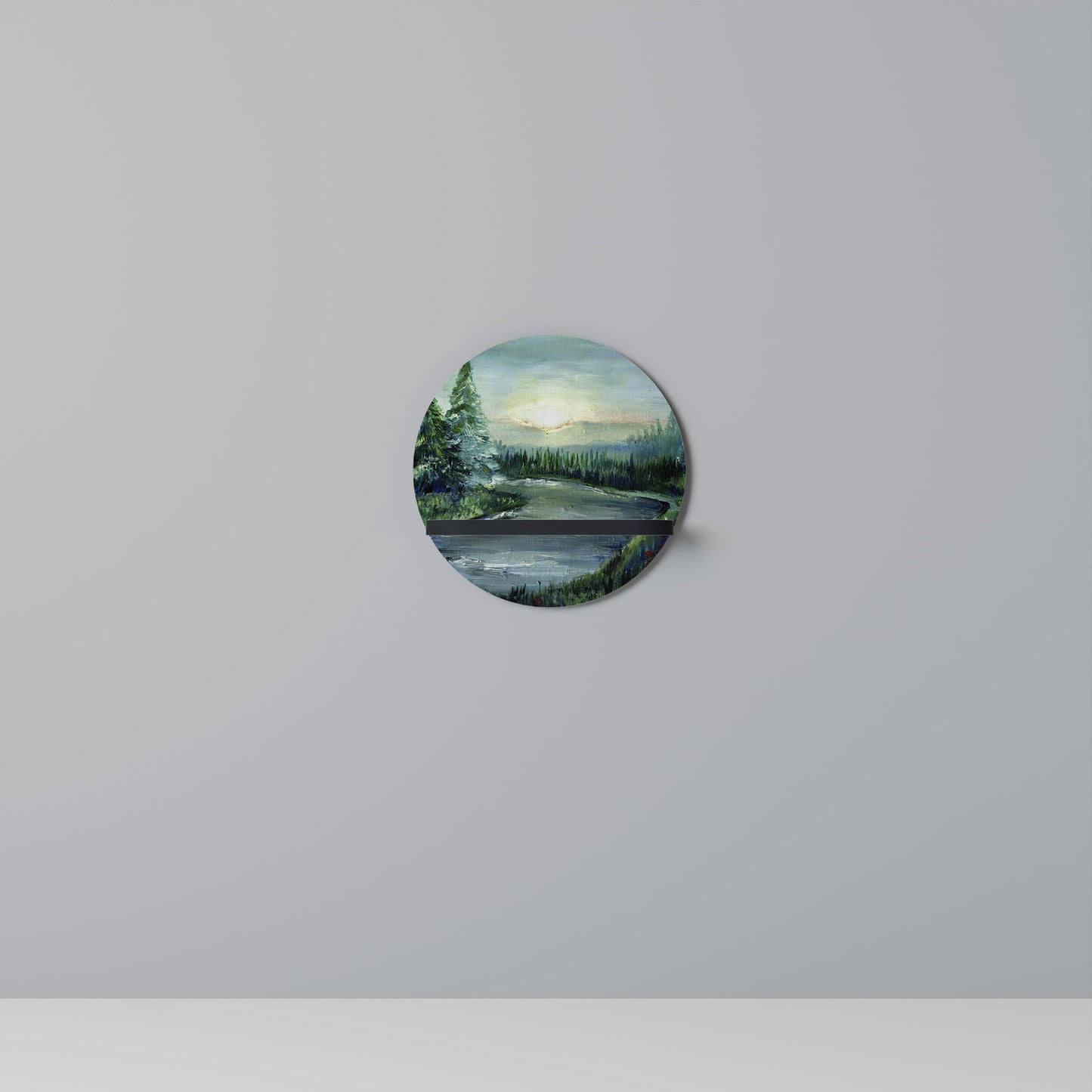 FOREST SUNSET Round Art Shelf In Black Finish