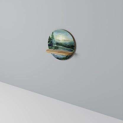 FOREST SUNSET Round Art Shelf In Oak Effect