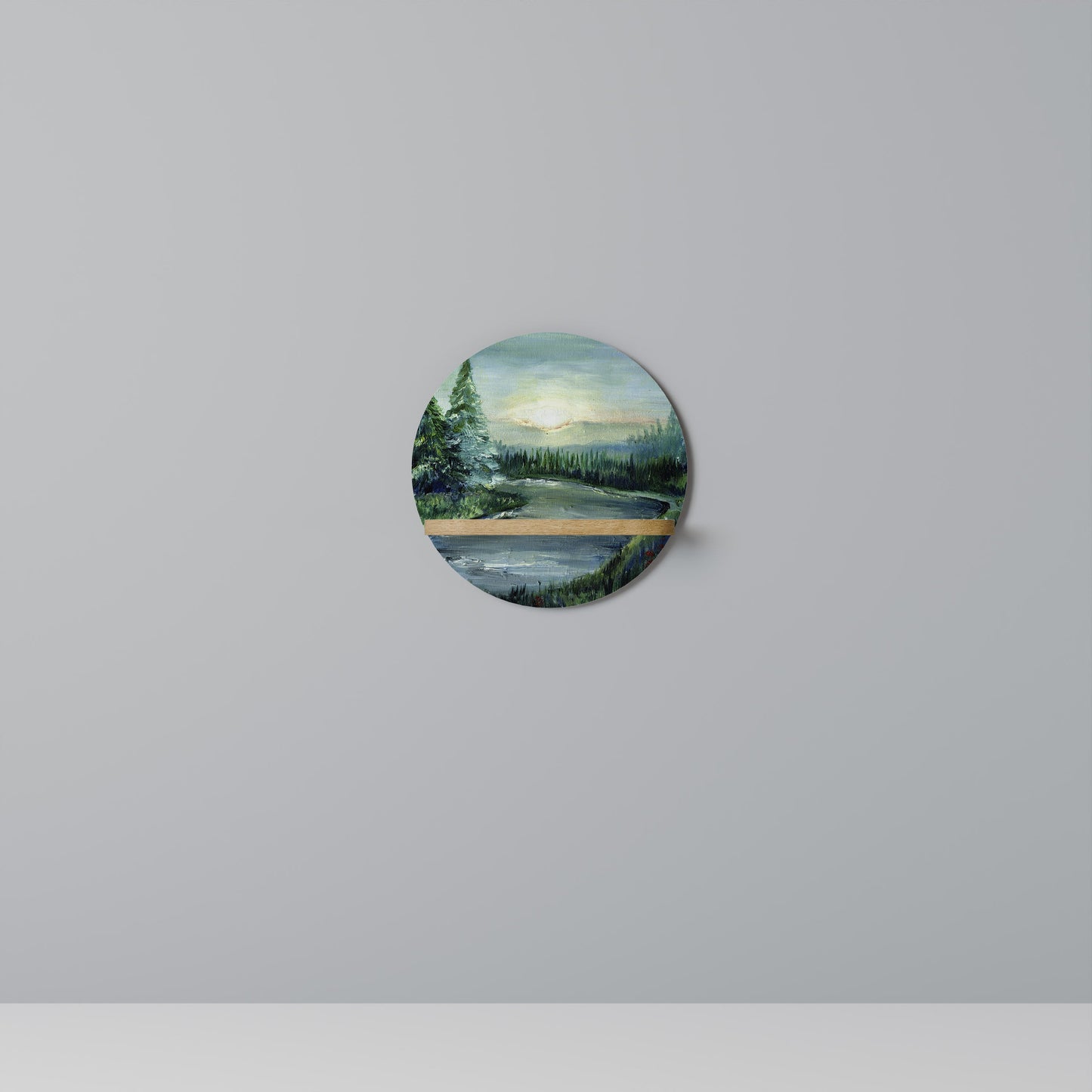 FOREST SUNSET Round Art Shelf In Oak Effect