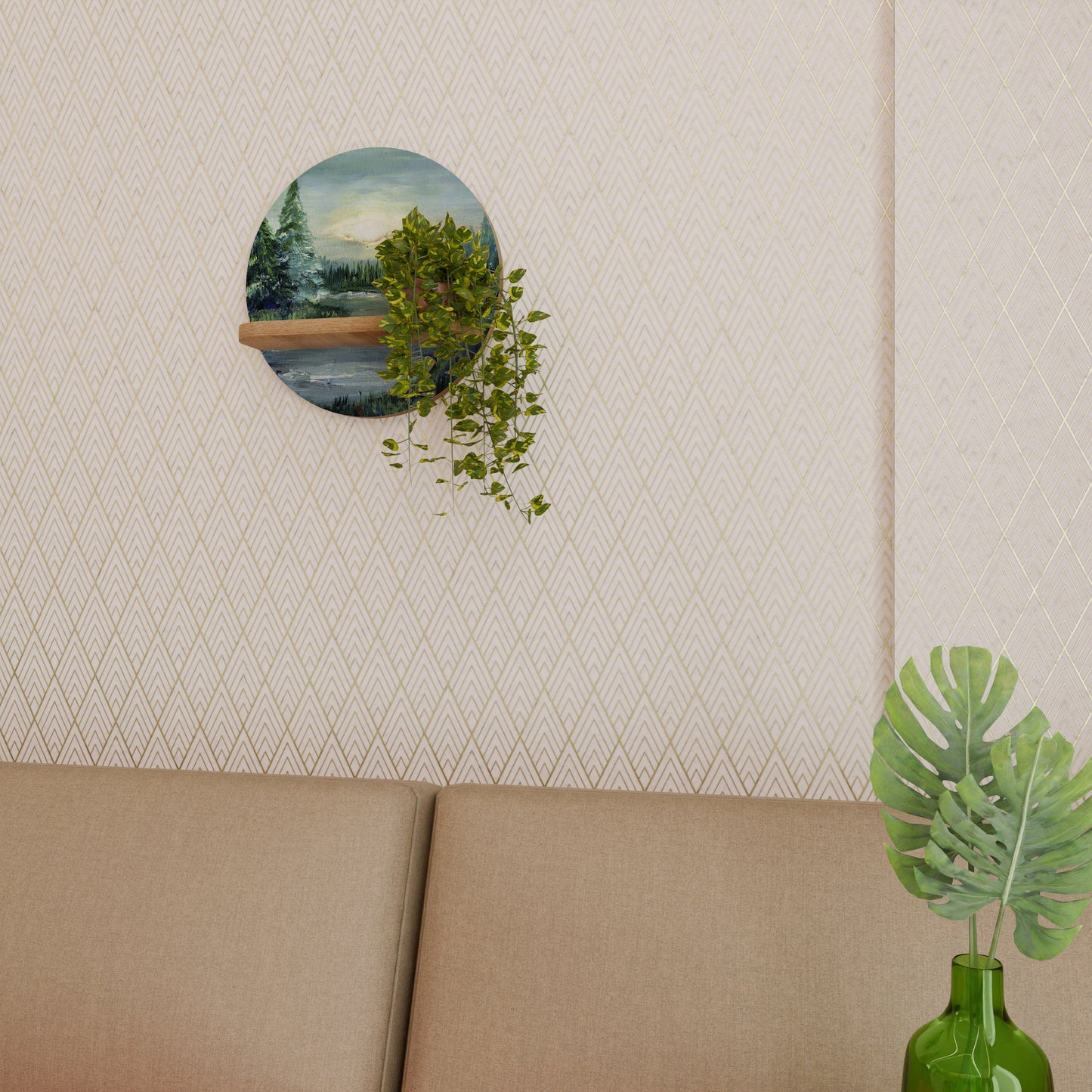 FOREST SUNSET Round Art Shelf In Oak Effect