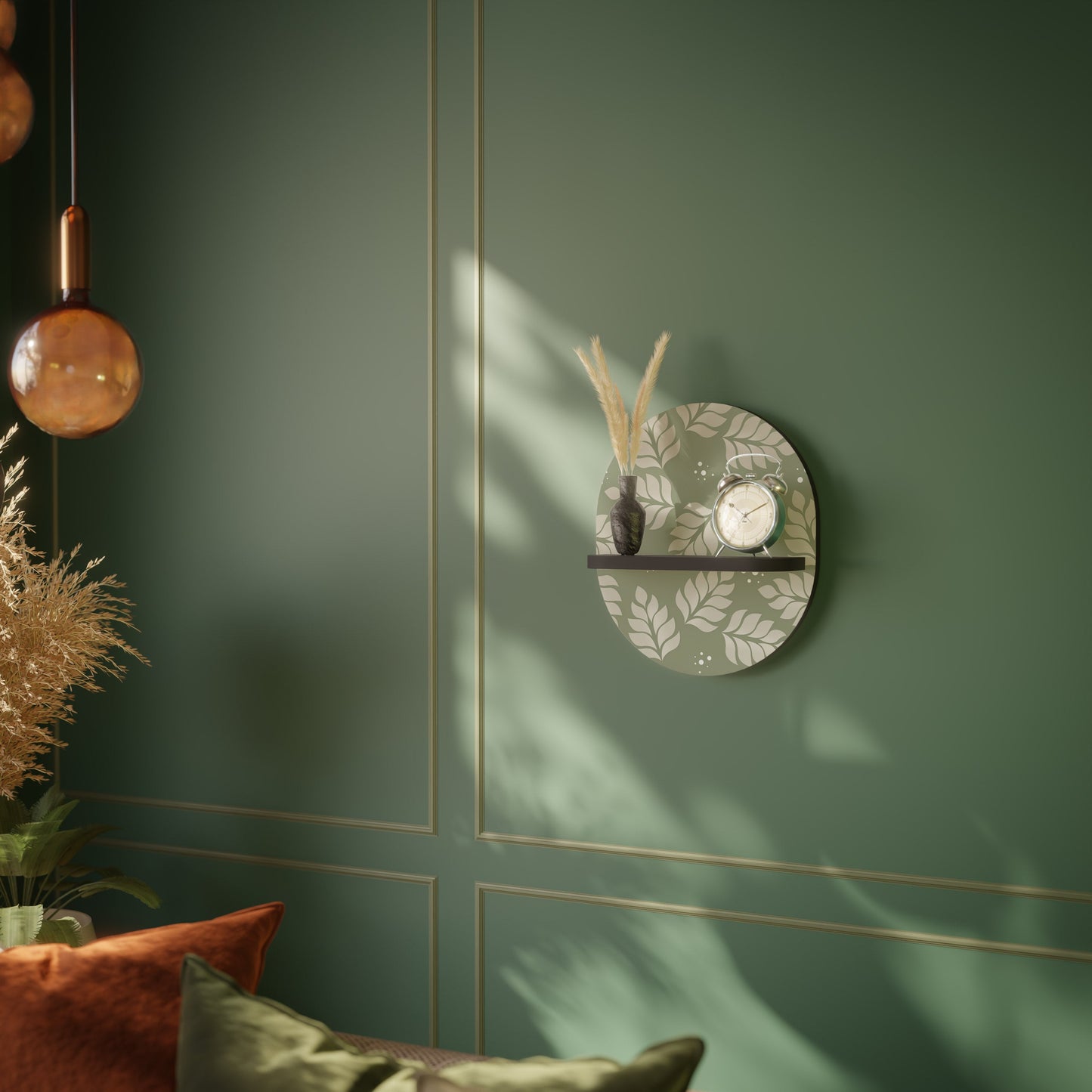 LEAVES ON GREEN Oval Art Shelf In Black Finish