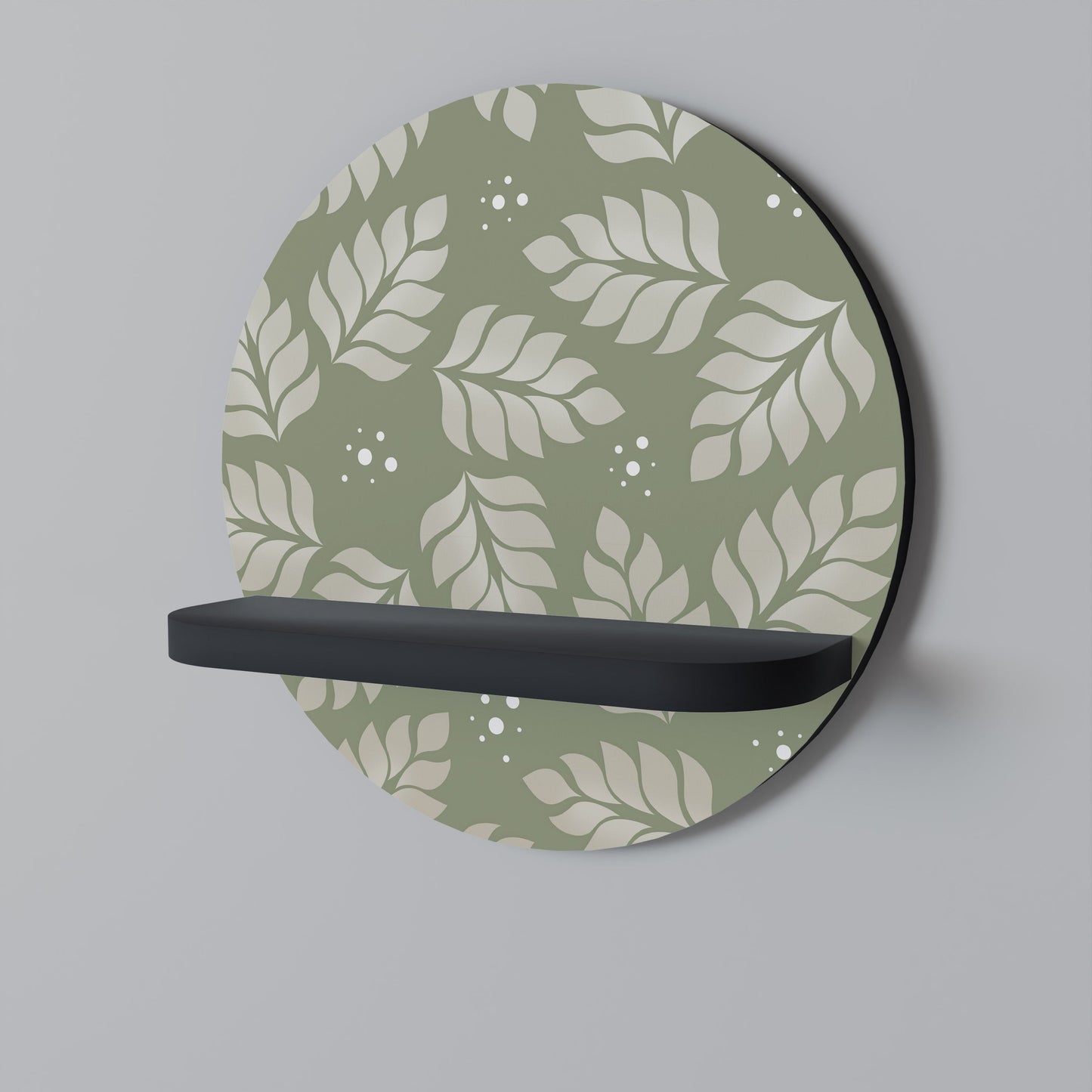 LEAVES ON GREEN Round Art Shelf In Black Finish