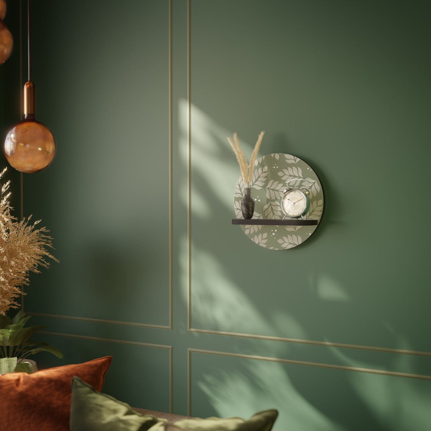 LEAVES ON GREEN Round Art Shelf In Black Finish