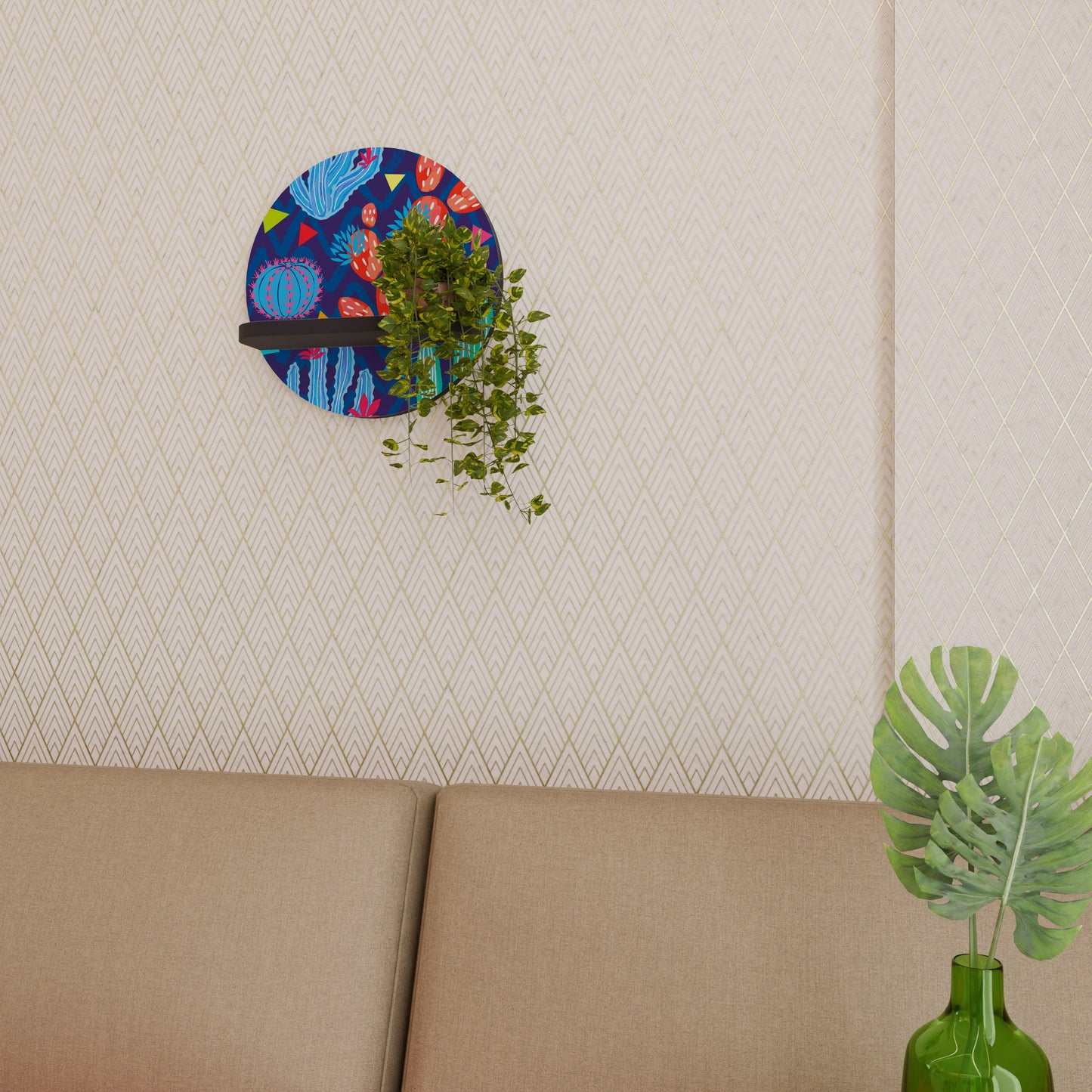 CACTUS VIBES Round Art Shelf In Black Finish