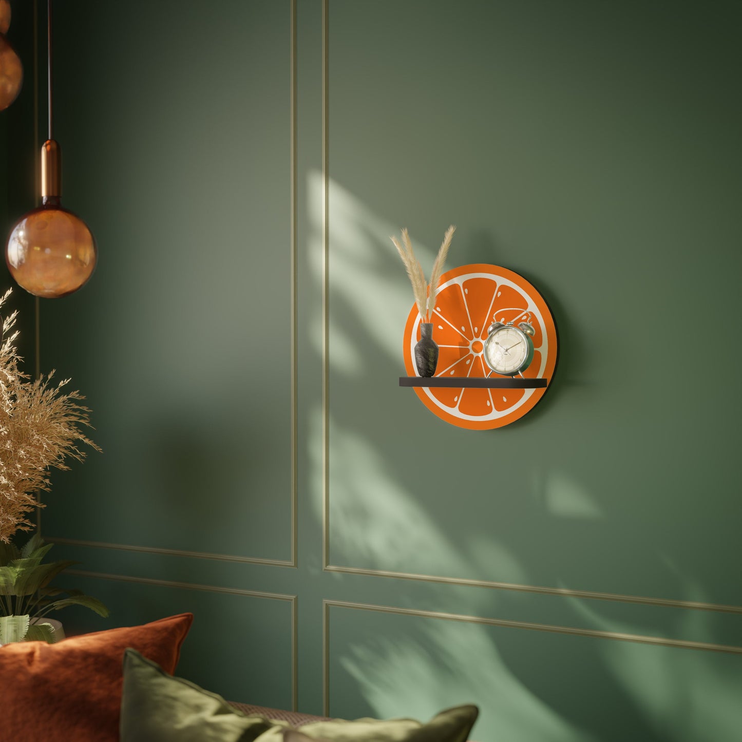 JUICY ORANGE Round Art Shelf In Black Finish