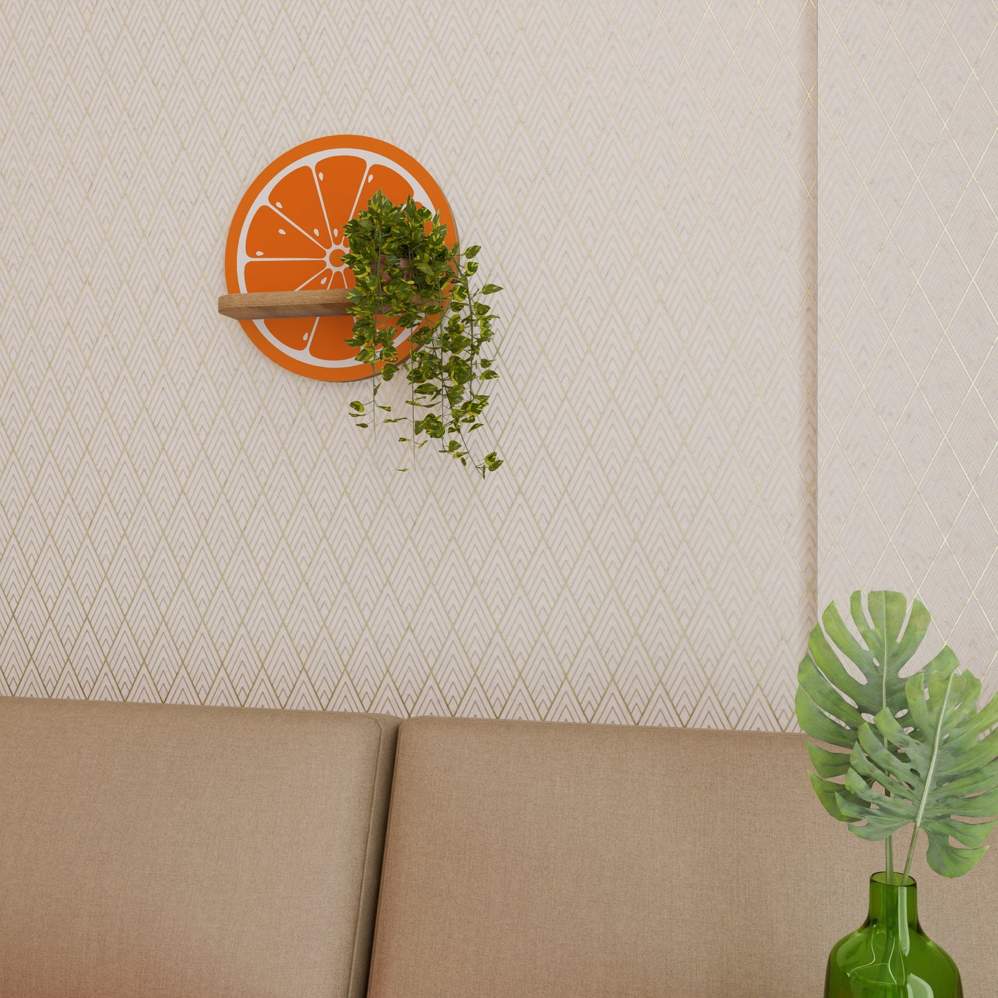 JUICY ORANGE Round Art Shelf In Oak Effect