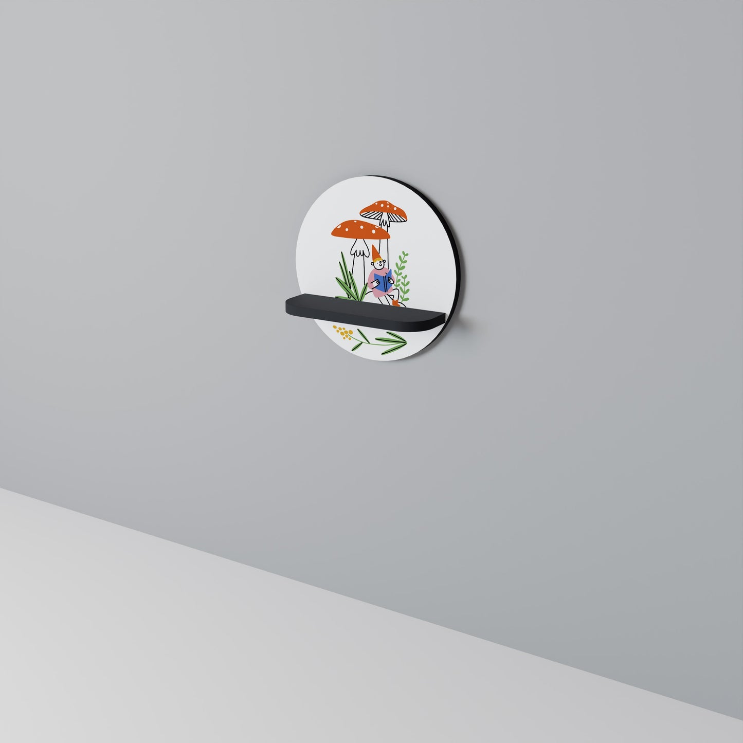 GARDEN GNOMES Round Art Shelf In Black Finish