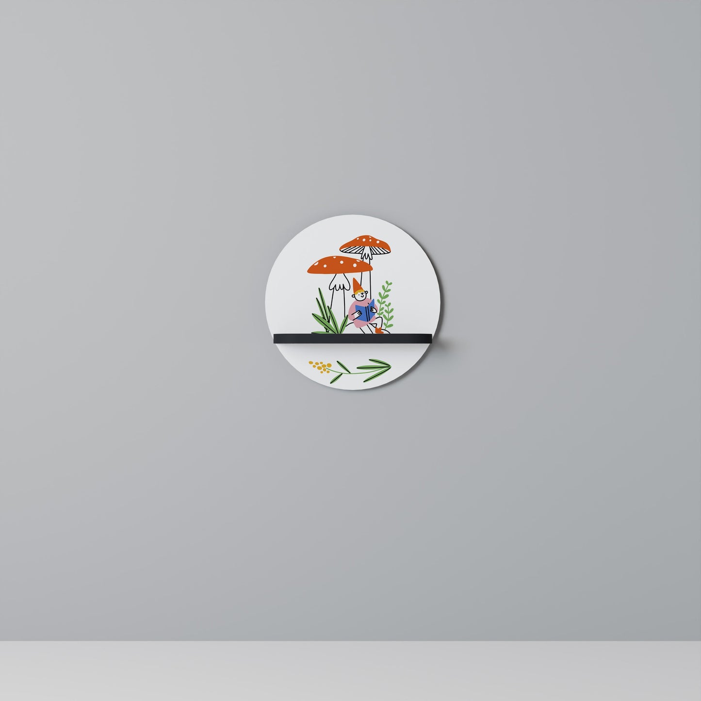 GARDEN GNOMES Round Art Shelf In Black Finish