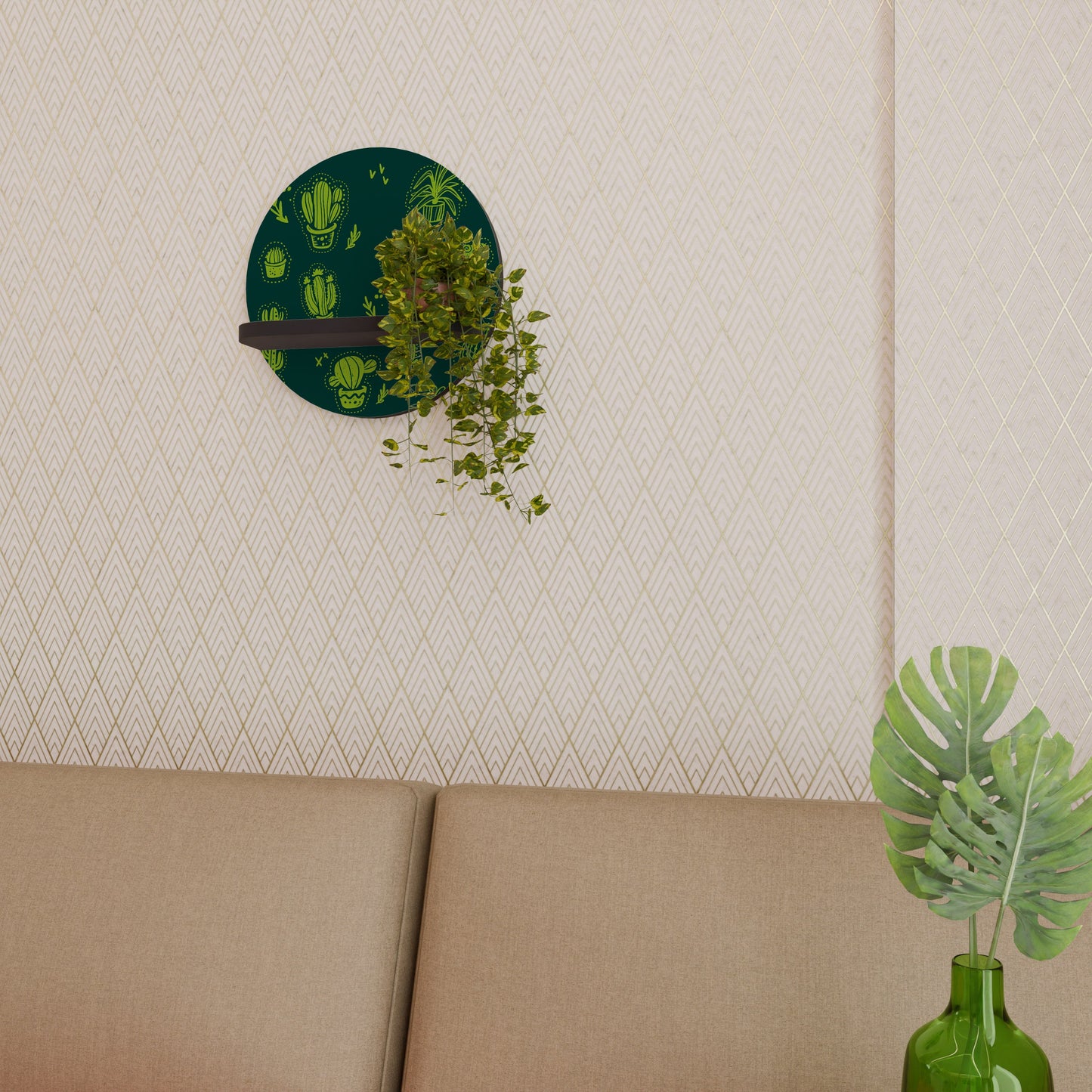 DESERT GREEN Round Art Shelf In Black Finish