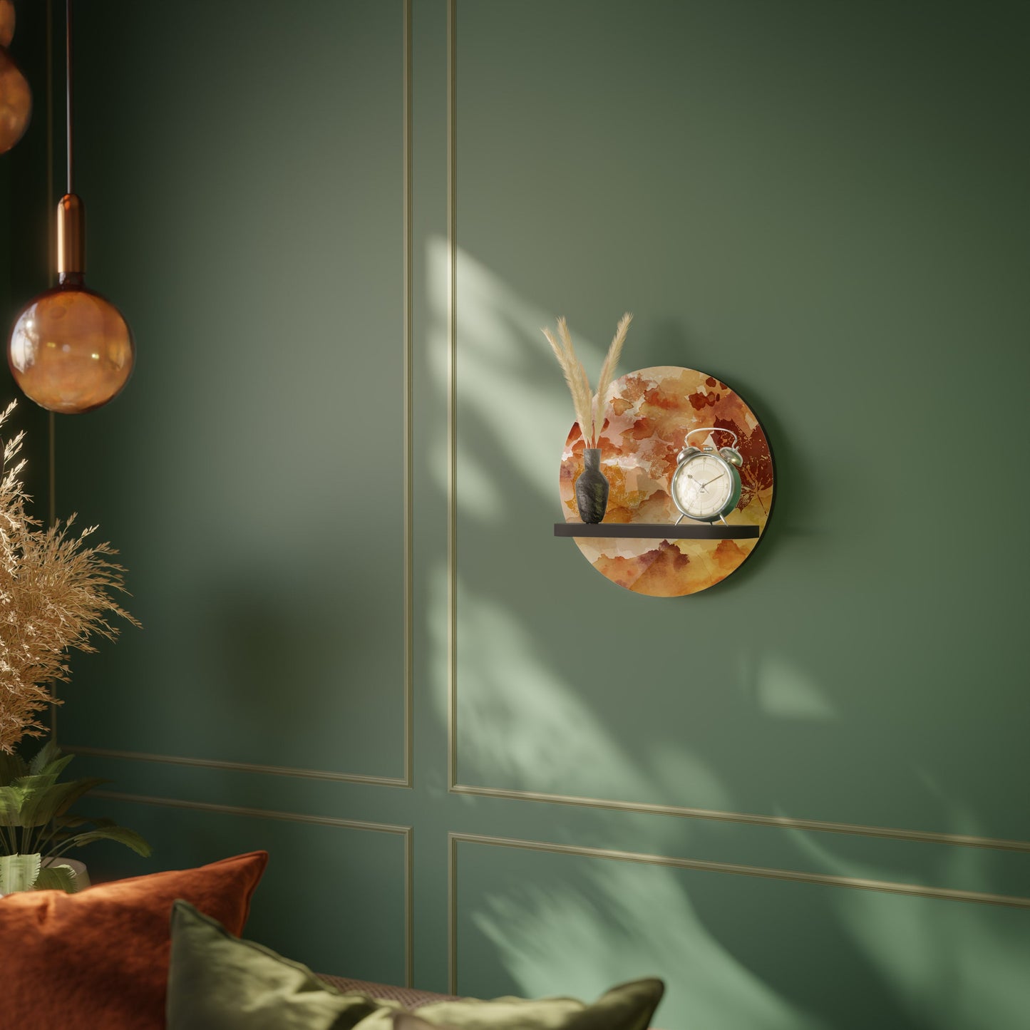 TRACES OF AUTUMN Round Art Shelf In Black Finish