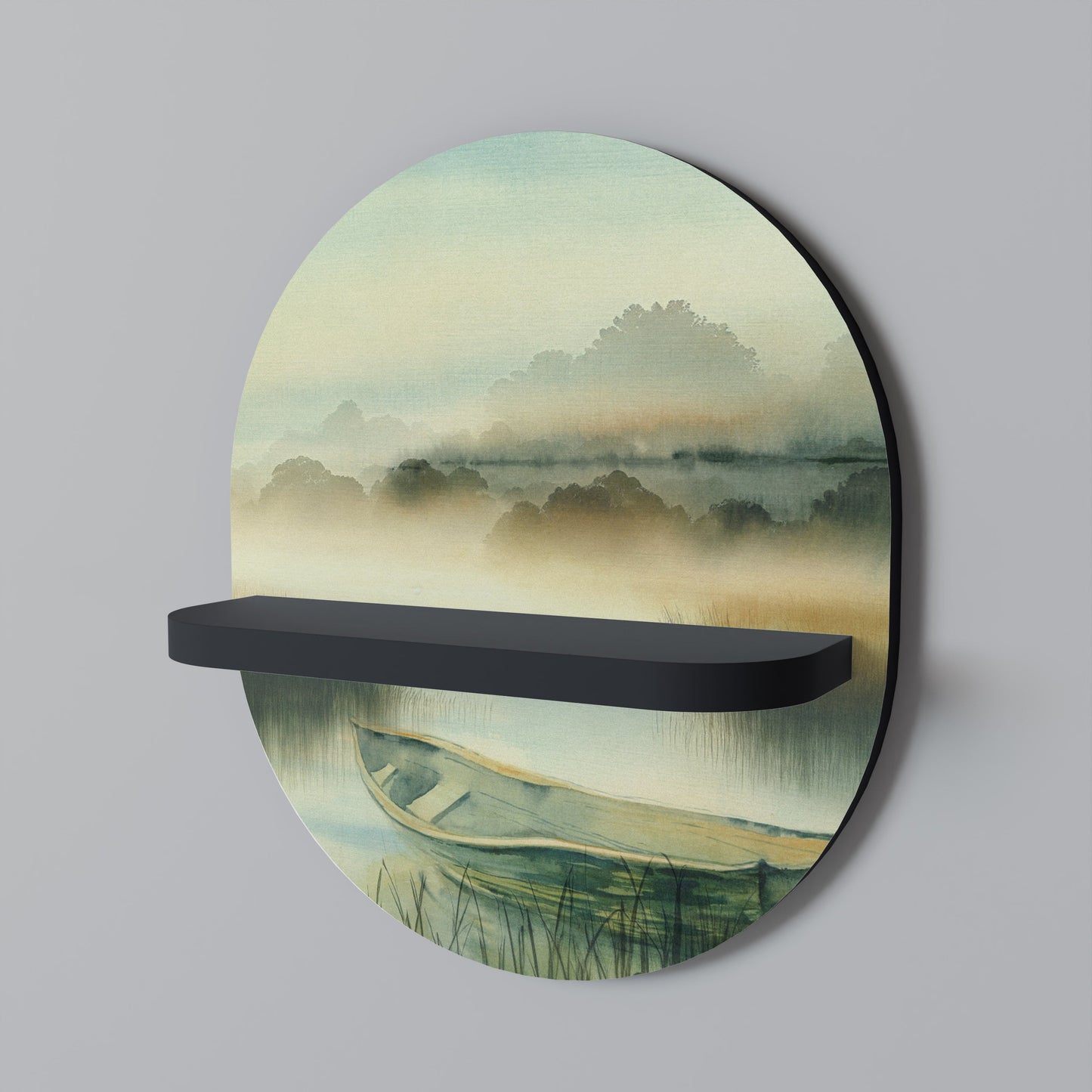 MORNING BY THE LAKE Oval Art Shelf In Black Finish
