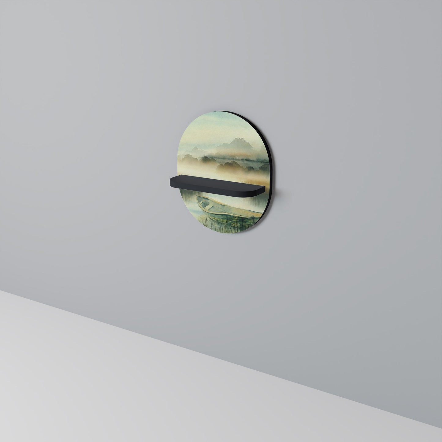 MORNING BY THE LAKE Oval Art Shelf In Black Finish