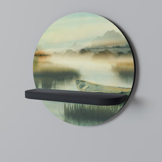MORNING BY THE LAKE Round Art Shelf In Black Finish