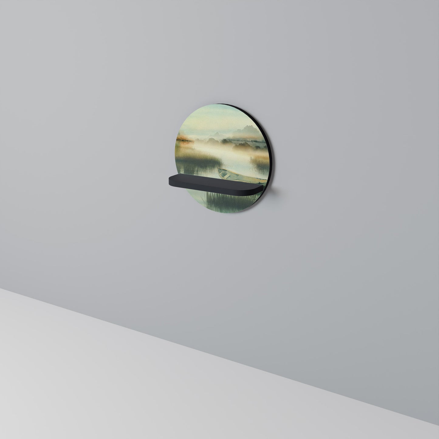 MORNING BY THE LAKE Round Art Shelf In Black Finish