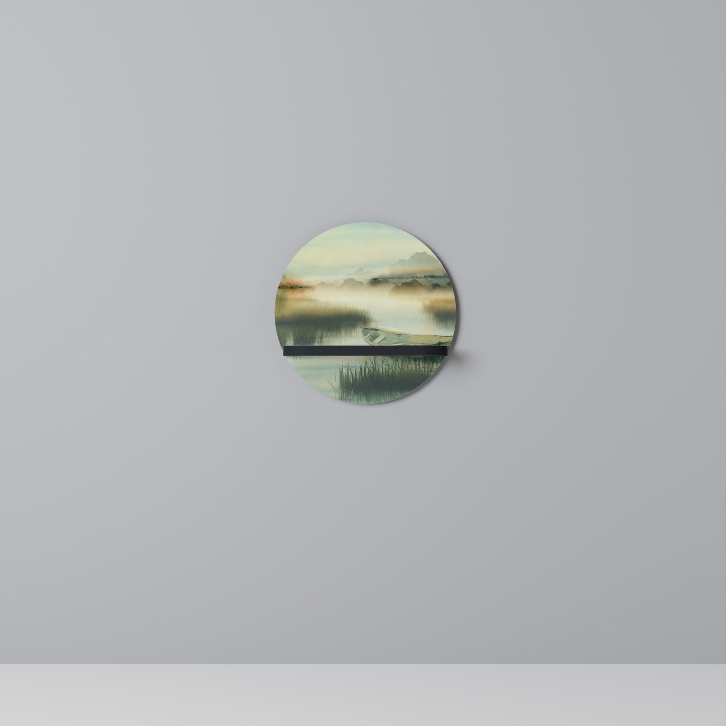 MORNING BY THE LAKE Round Art Shelf In Black Finish