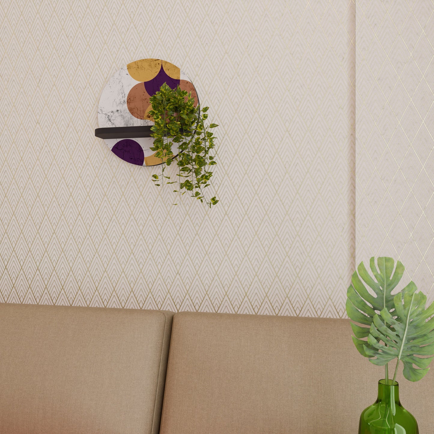 CRACKED GEOMETRY Round Art Shelf In Black Finish