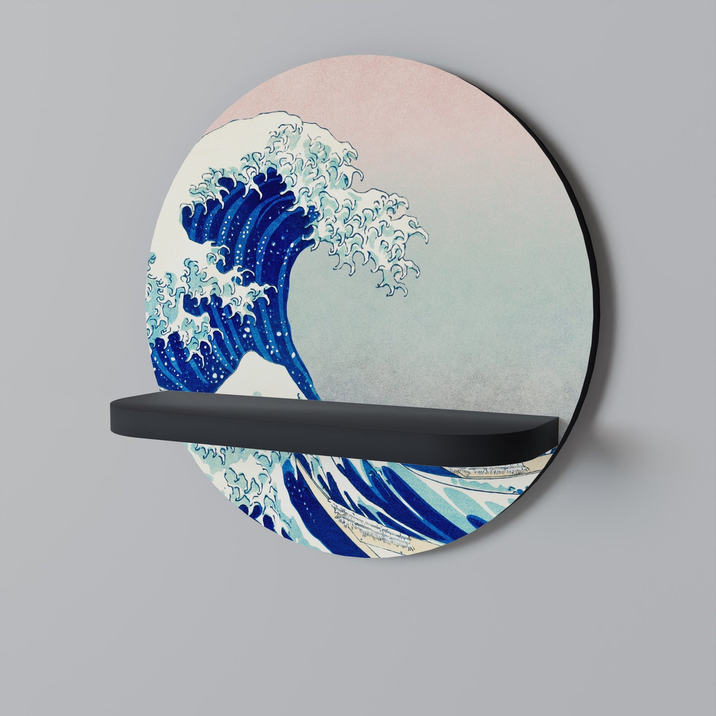 THE GREAT WAVE Round Art Shelf In Black Finish