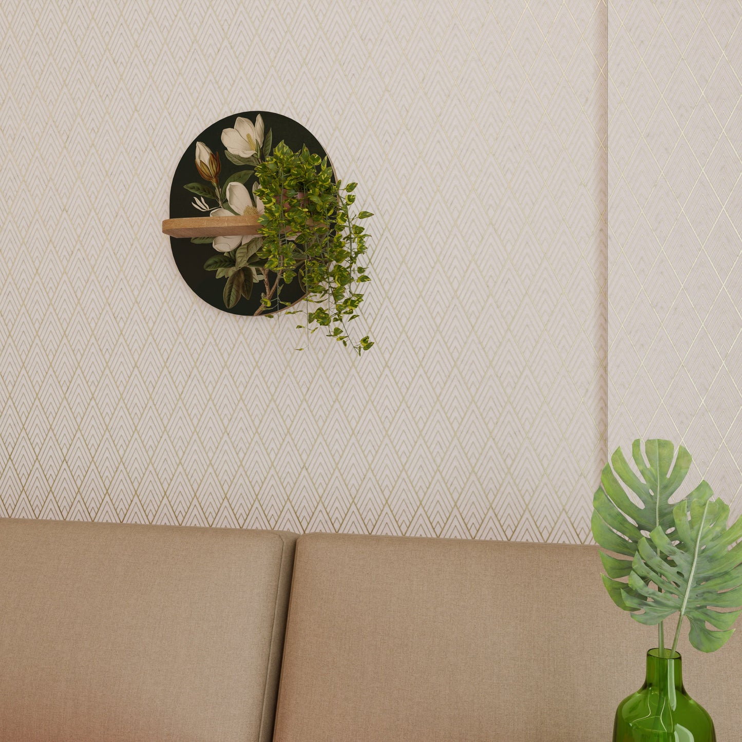 FLORAL NOIR Oval Art Shelf In Oak Effect