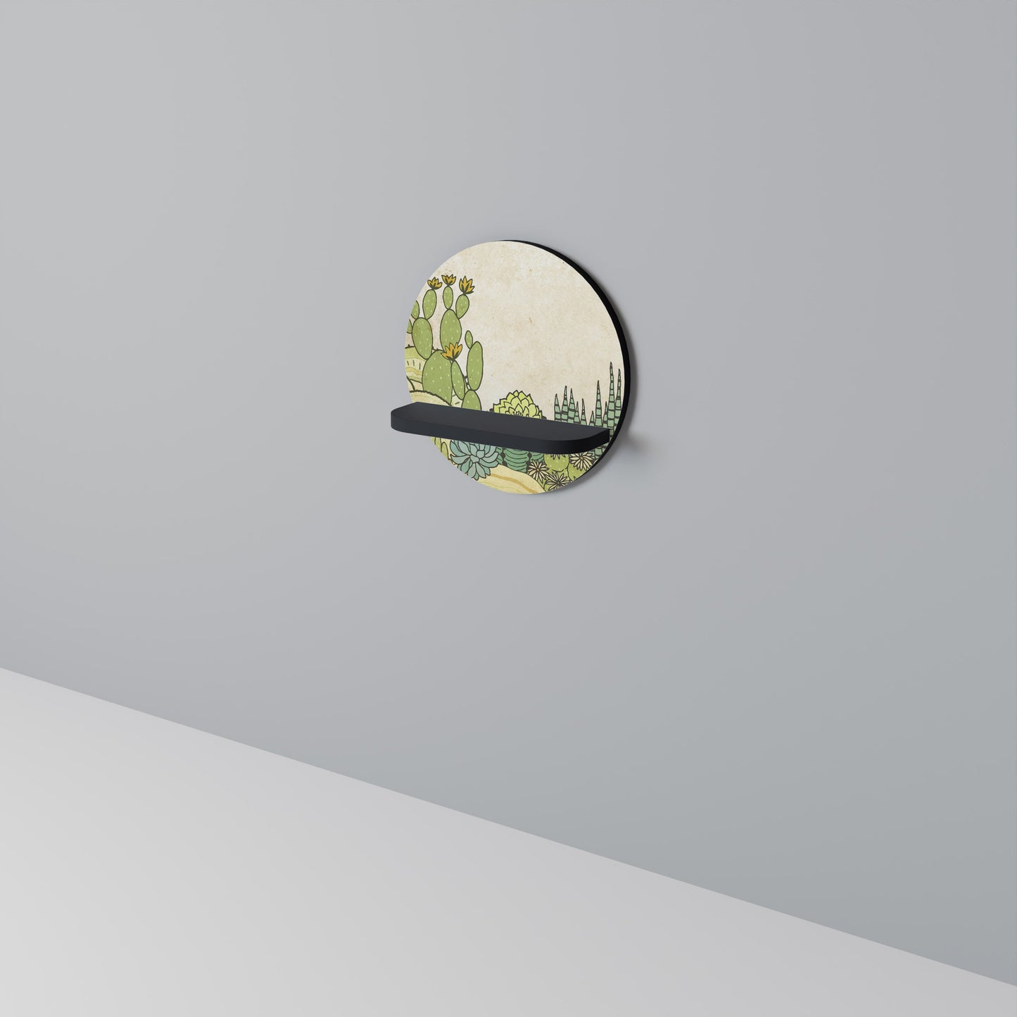 SUCCULENTS KALEIDOSCOPE Round Art Shelf In Black Finish