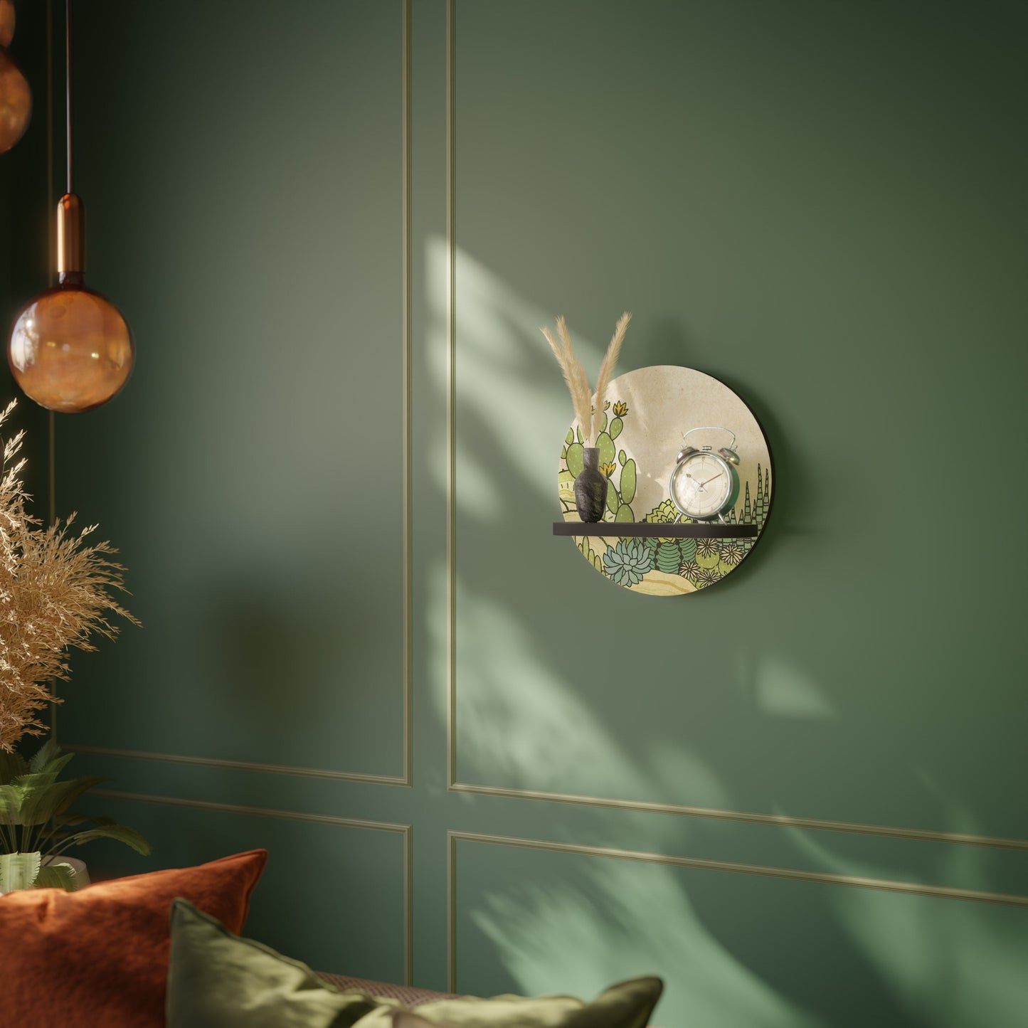 SUCCULENTS KALEIDOSCOPE Round Art Shelf In Black Finish