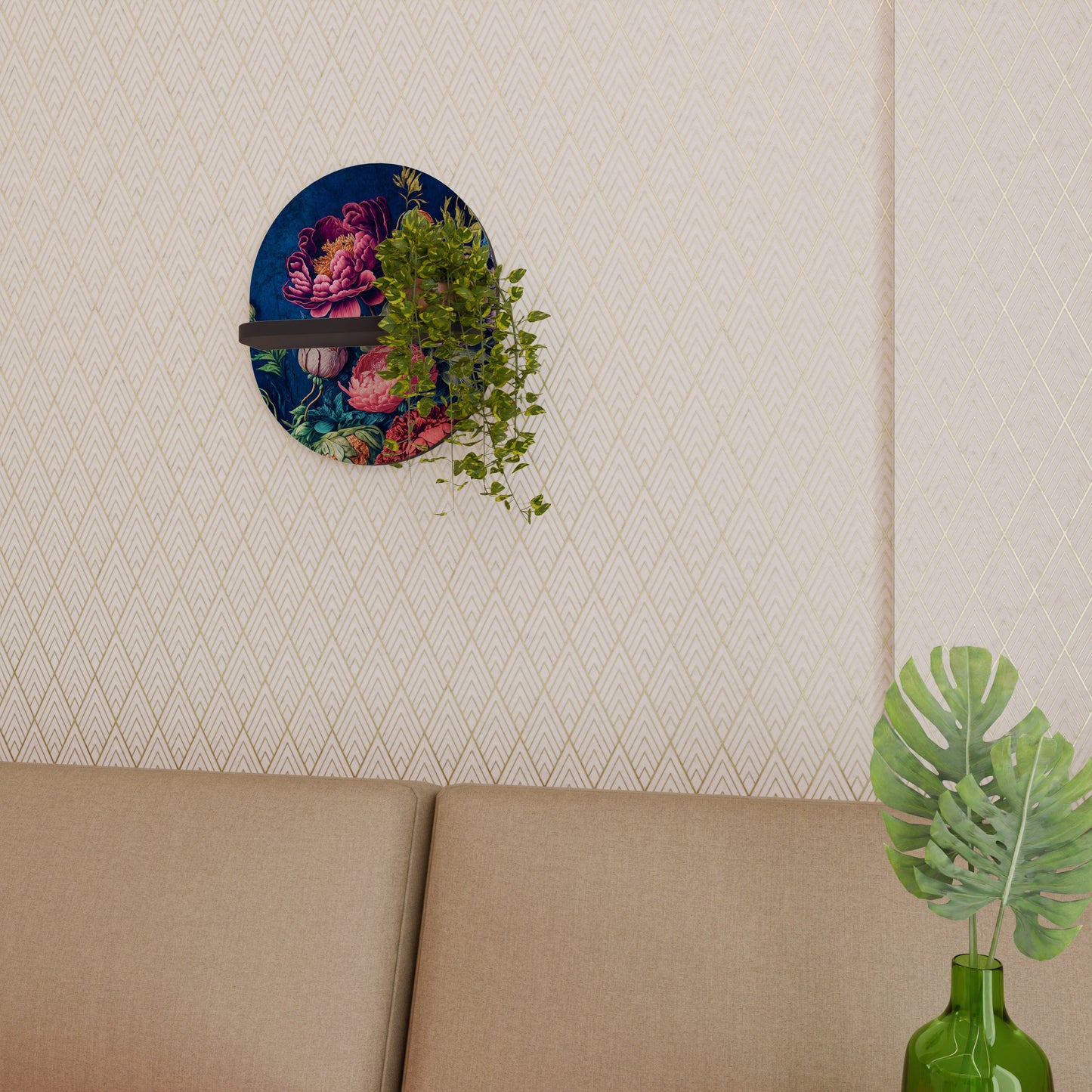 BLOOMING ELEGANCE Oval Art Shelf In Black Finish