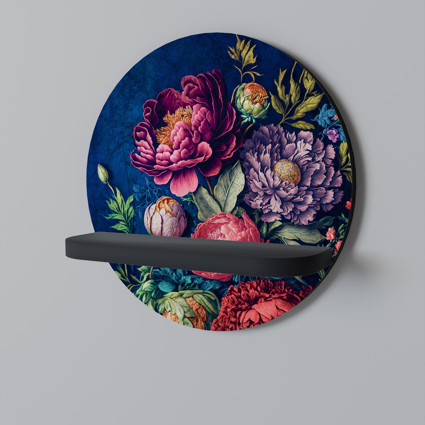 BLOOMING ELEGANCE Round Art Shelf In Black Finish
