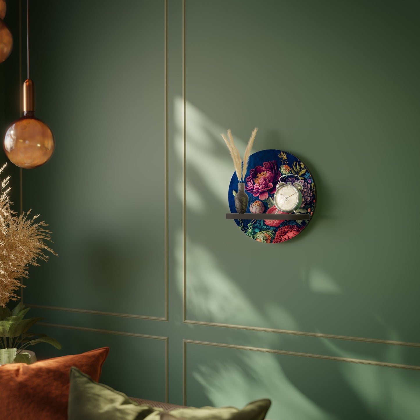 BLOOMING ELEGANCE Round Art Shelf In Black Finish