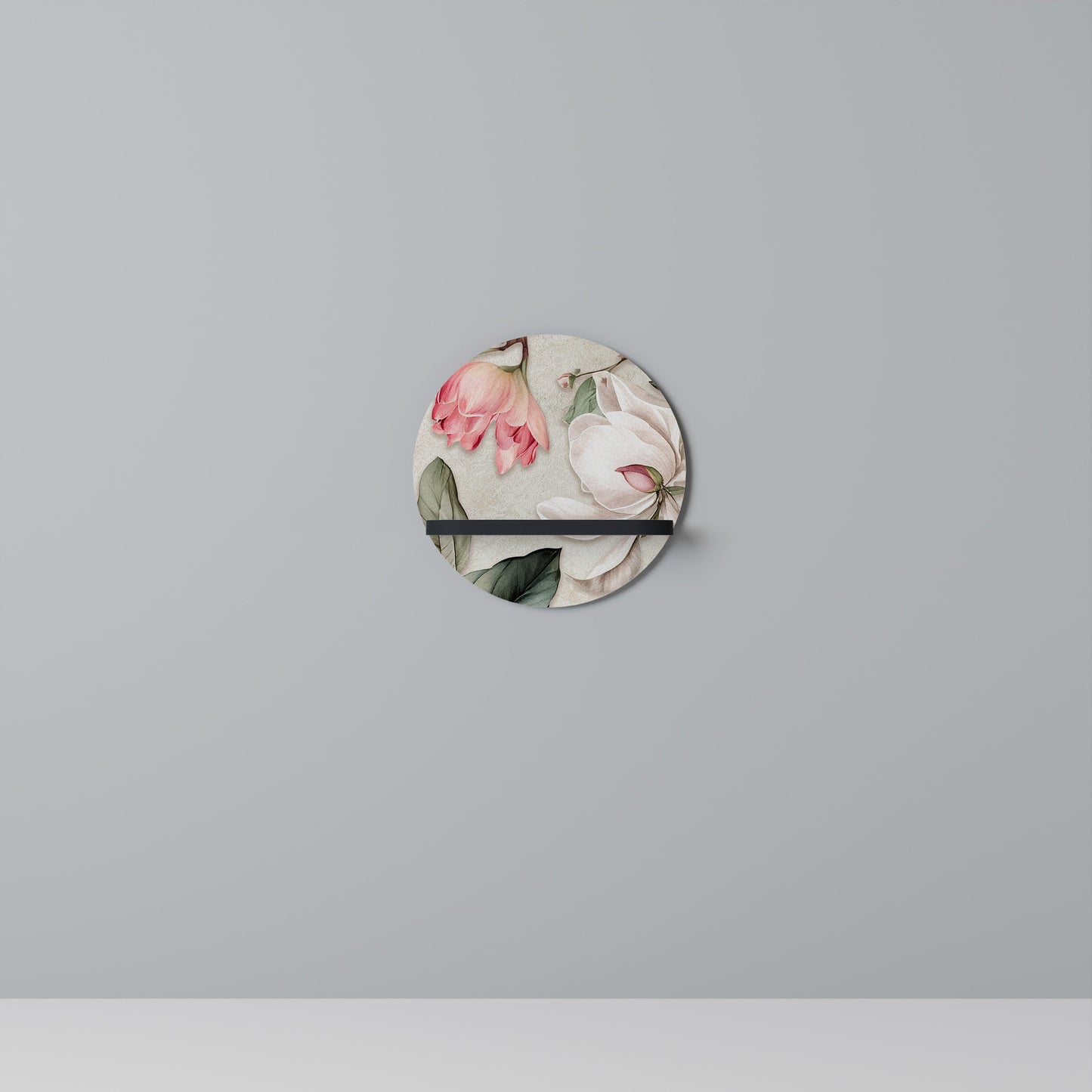 FLORAL GRACE Round Art Shelf In Black Finish