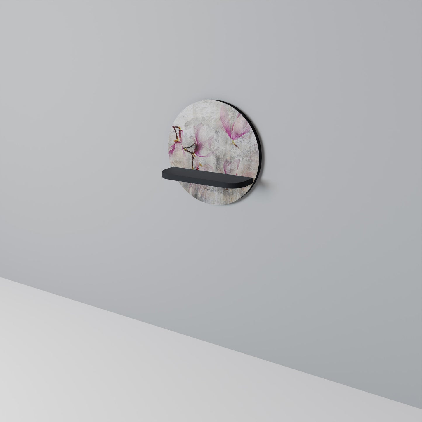 ASTONISHING MAGNOLIA Round Art Shelf In Black Finish