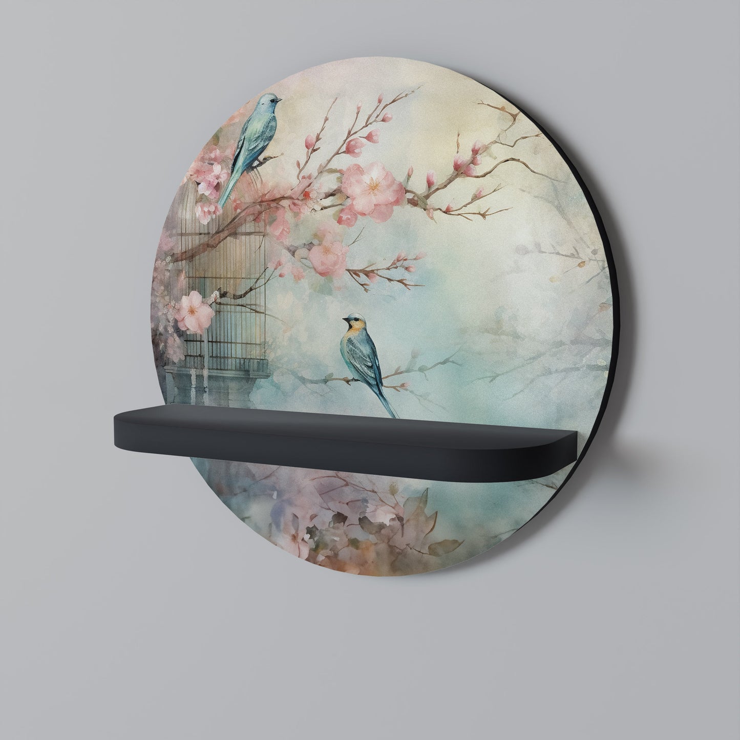 CHERRY BIRDSONG Round Art Shelf In Black Finish