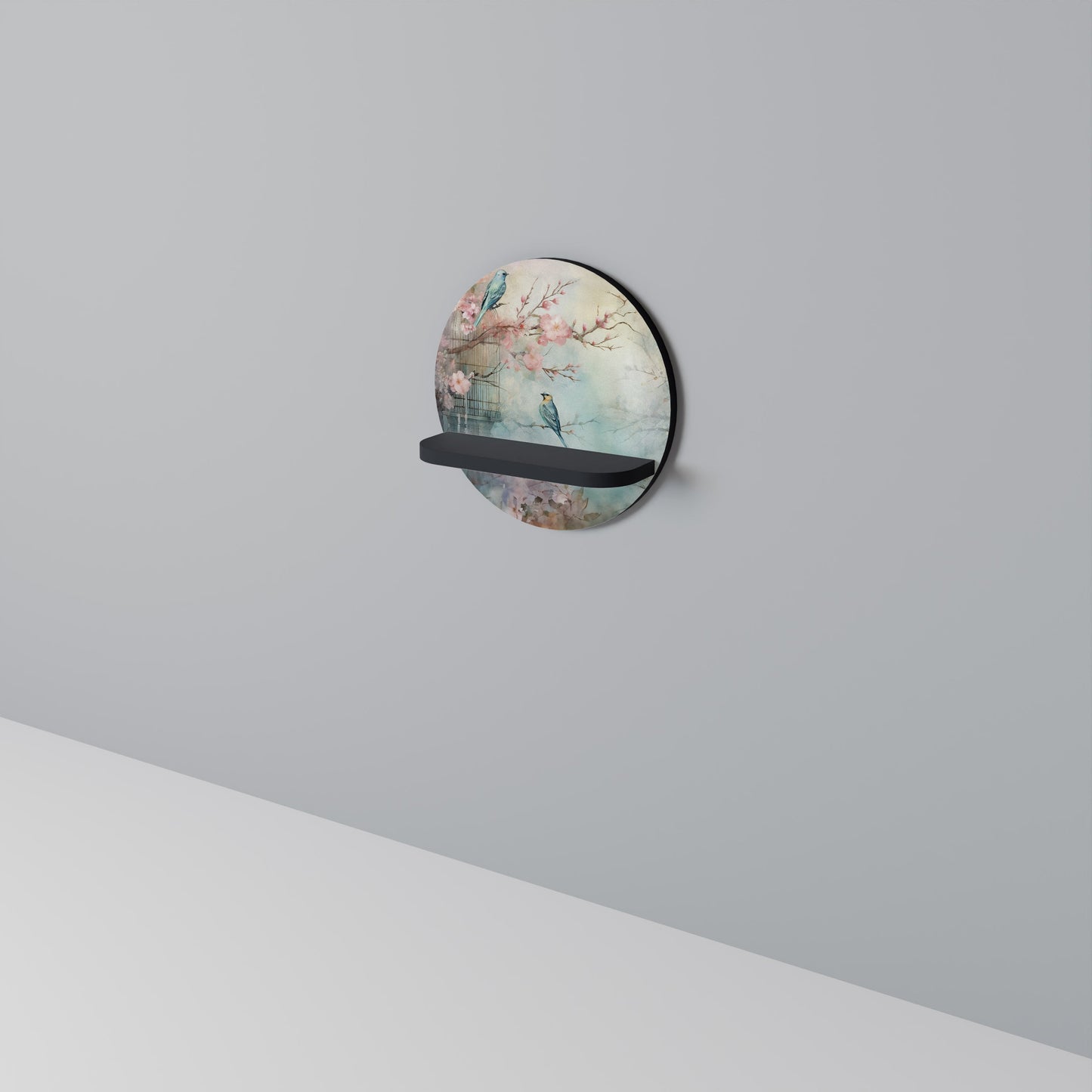 CHERRY BIRDSONG Round Art Shelf In Black Finish