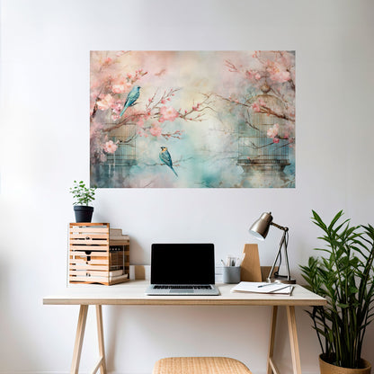 Poster orizzontale staccabile e attaccabile con il CANTO DEGLI UCCELLI DI CILIEGIO