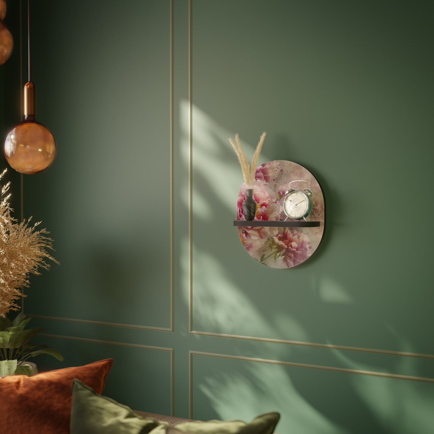 PEONY WHISPER Oval Art Shelf In Black Finish