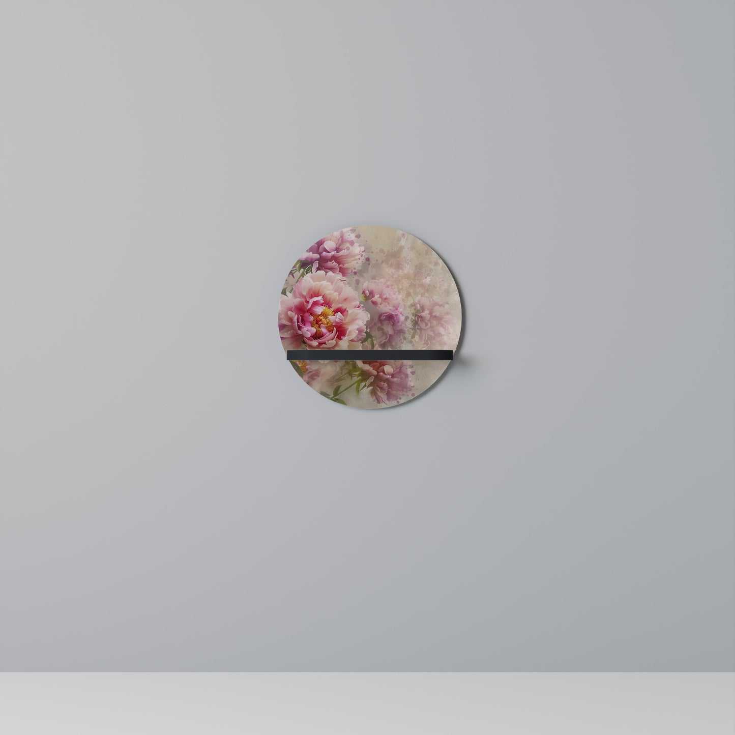 PEONY WHISPER Round Art Shelf In Black Finish