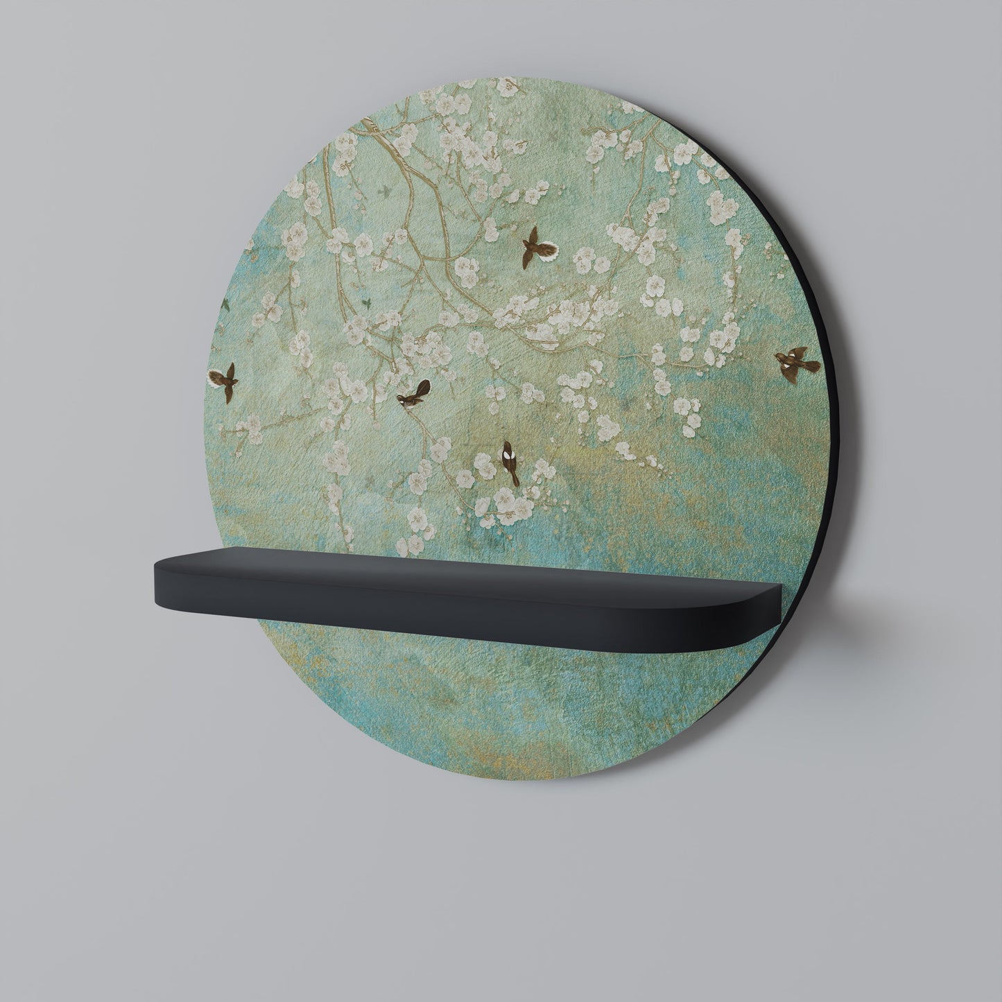 BLOOMING CHARM Round Art Shelf In Black Finish