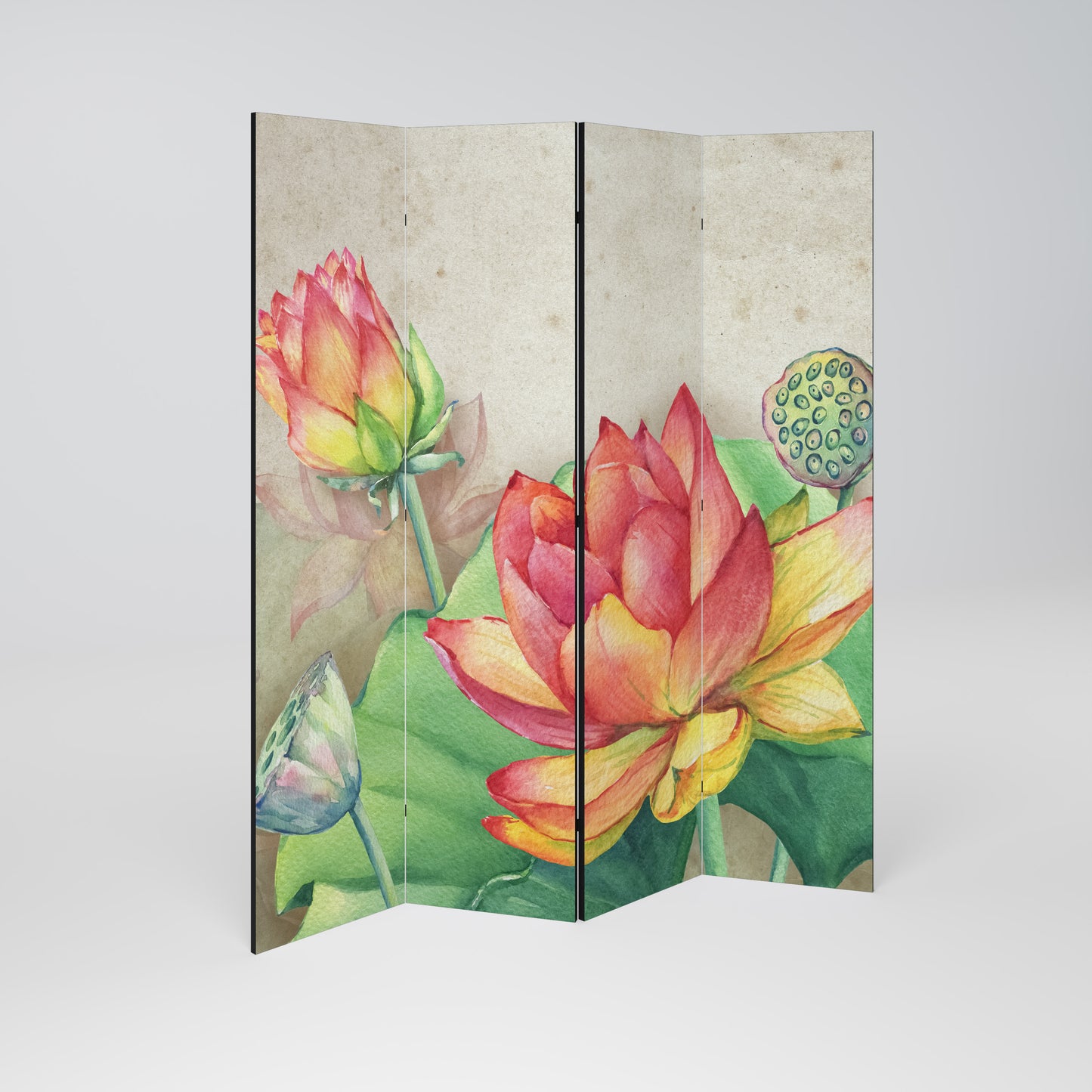 WHISPERING LOTUS BLOOMS Decorative 4-Panel Room Divider